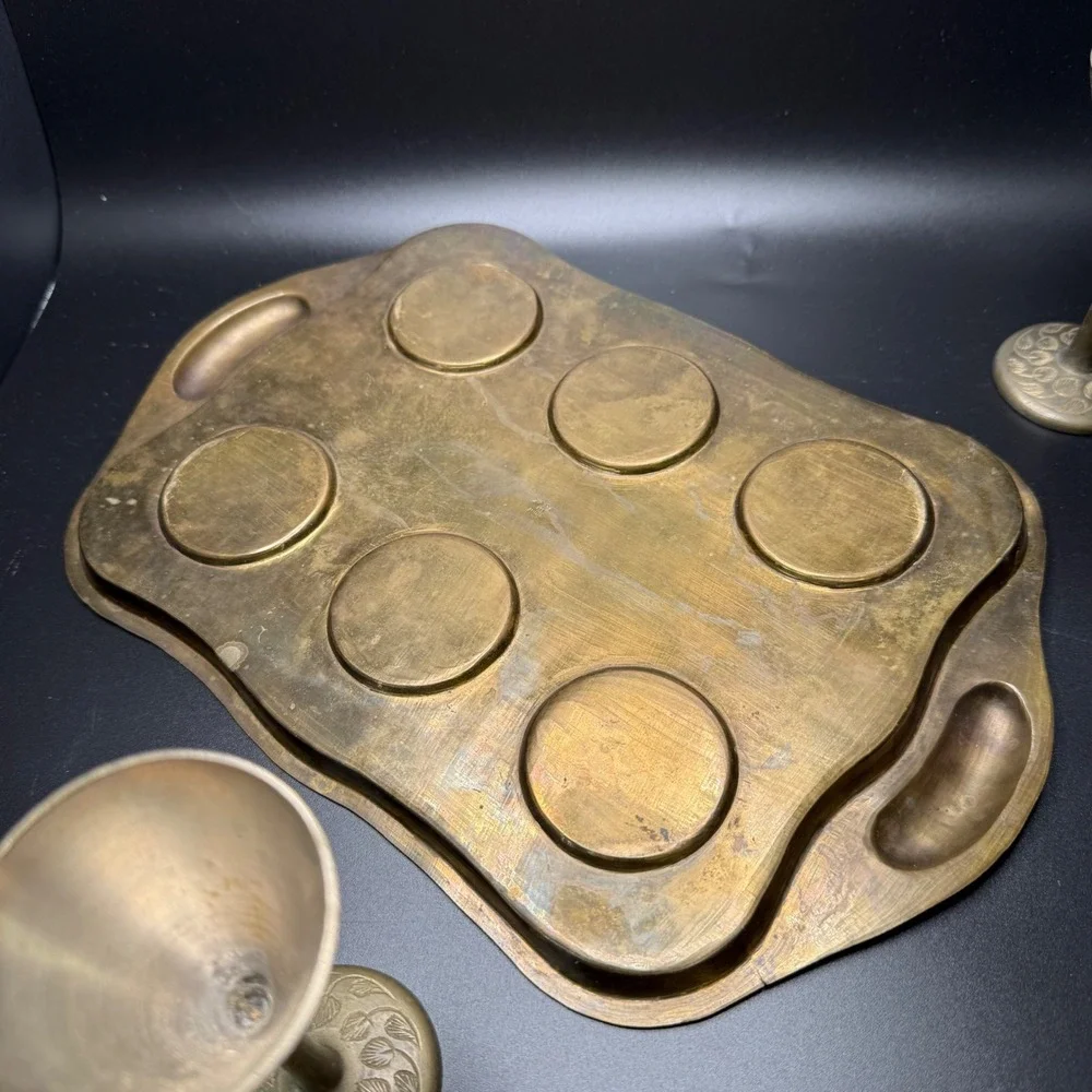 Vintage Brass Shot‎ Glasses Set with Etched Tray Made in India